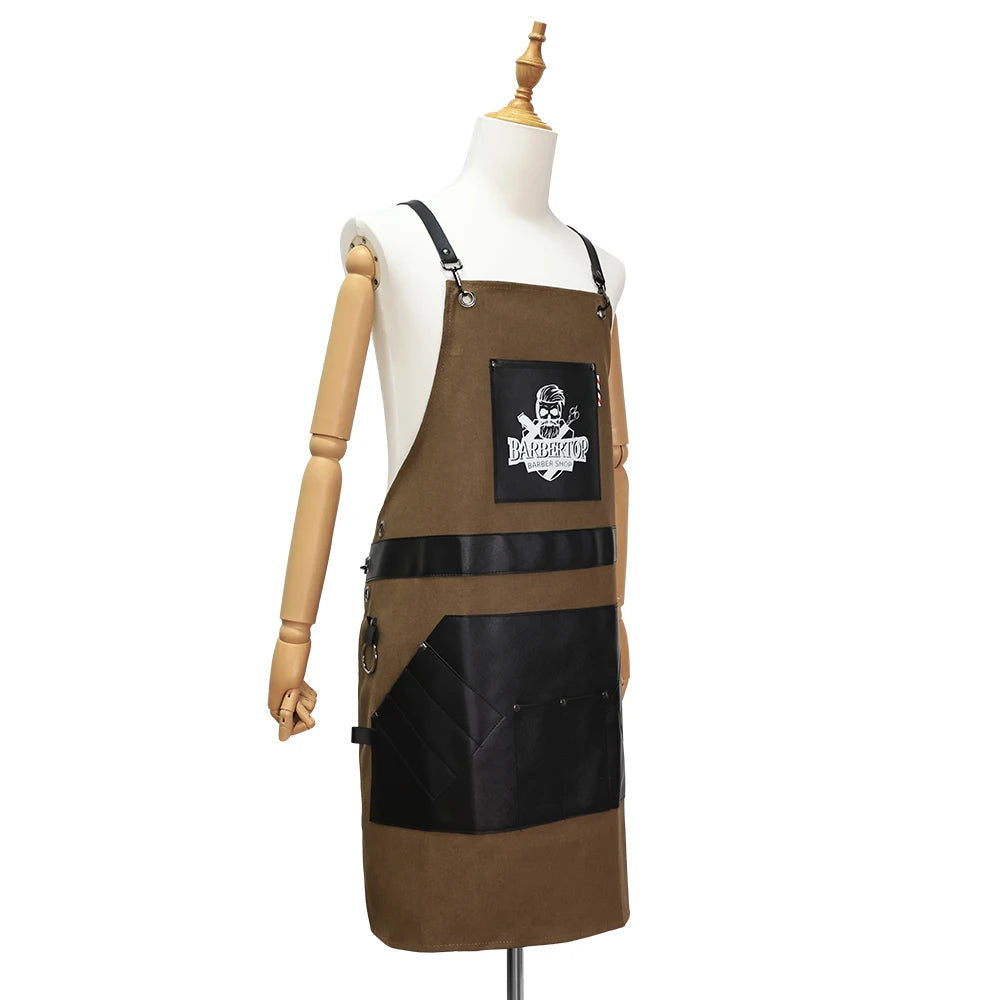Delantales de barbero, uniforme de cocina para peluquero, delantal impermeable de tela con bolsillo para salón de barbería