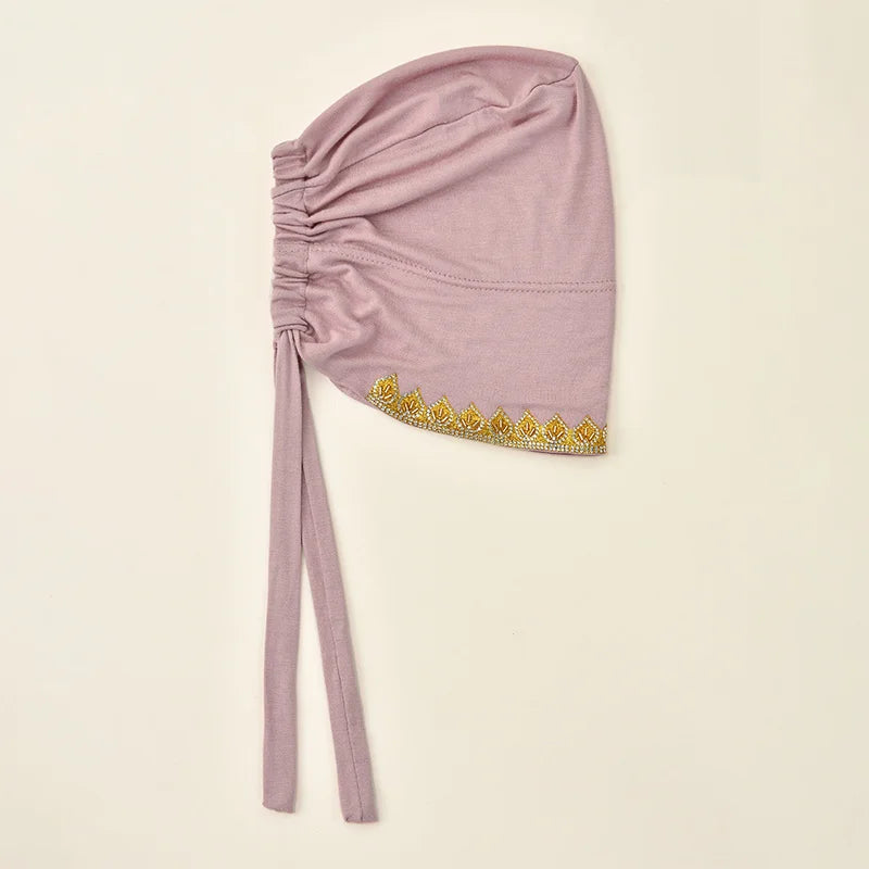Gorros elásticos con pedrería dorada brillante para mujer, gorros musulmanes con lazo en la parte trasera, hijabs interiores, turbante, gorro con estampado de hojas en caliente, bajo la gorra de diamantes, jersey
