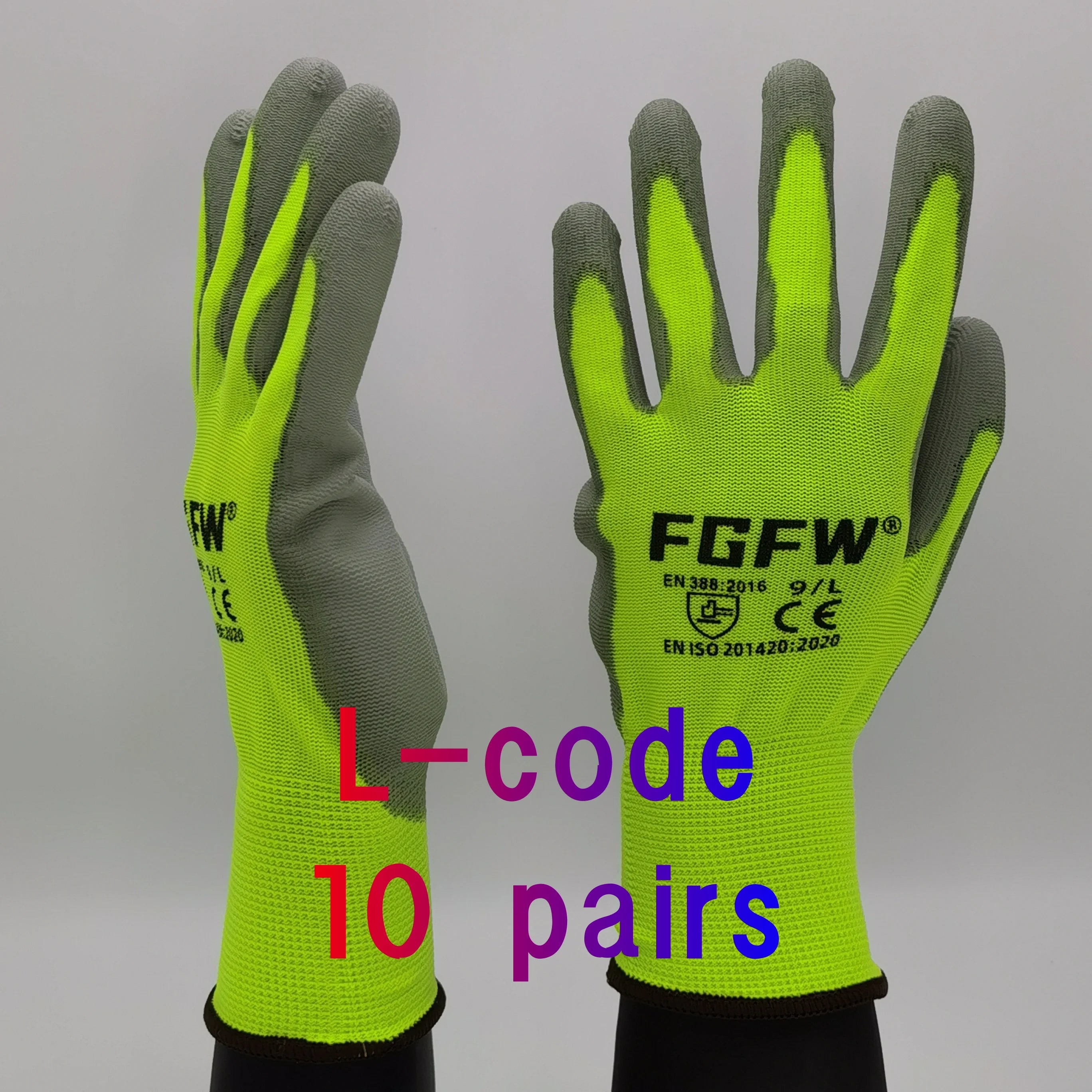 Lot de 10 paires de gants de travail enduits de PU - Gants de sécurité légers et résistants, certifiés EN 388/ISO 20471, tailles S/M/L/XL