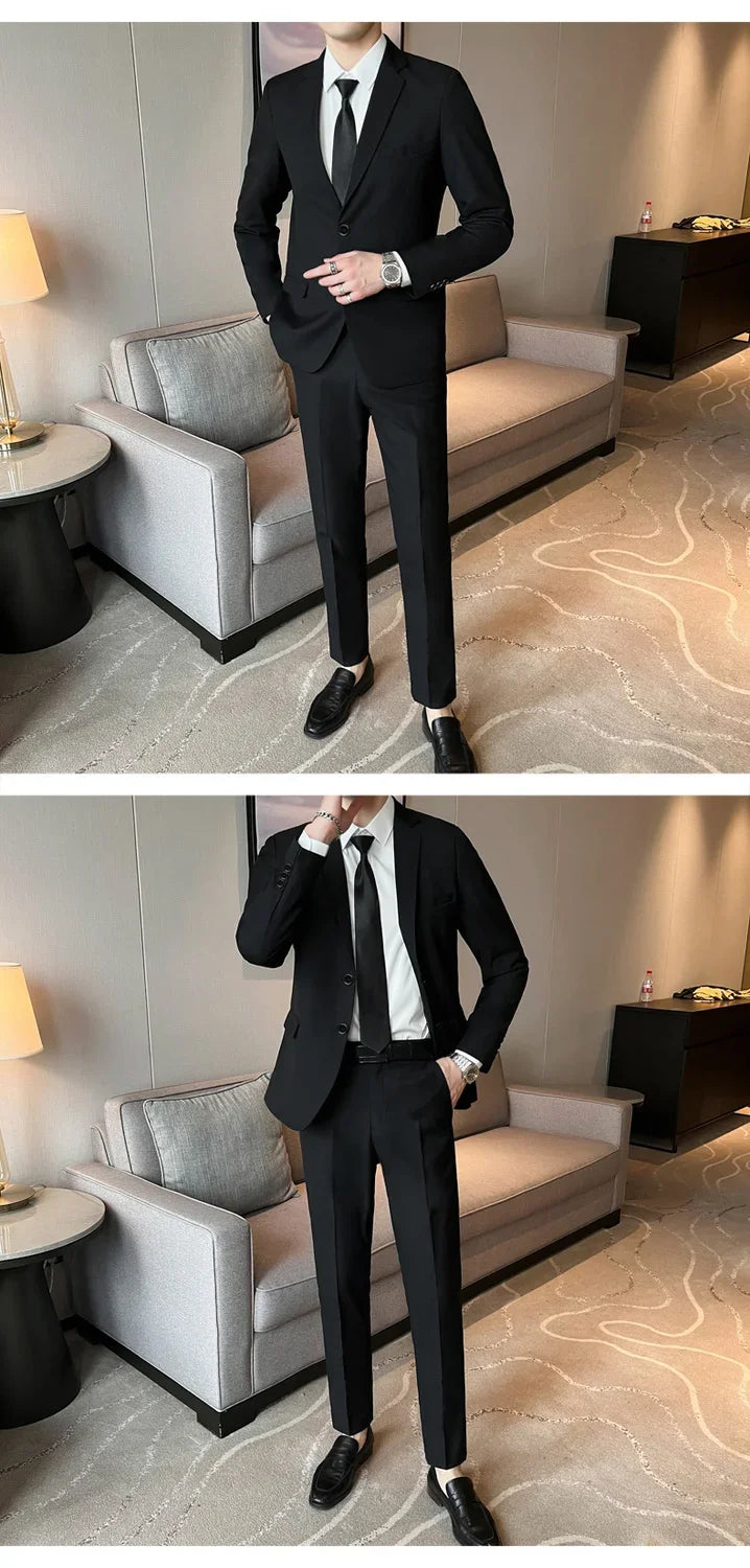 Trajes para Hombre Moda Coreana Manga Larga Ajustado Boda Negocios Blazer Negro Profesional Formal Conjuntos de Pantalones Ropa Hombre