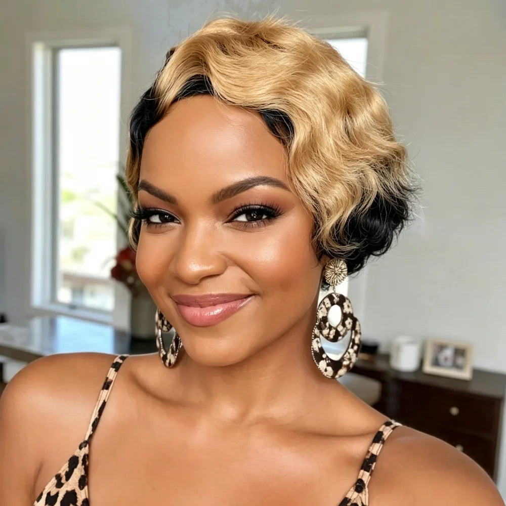 Human Hair Short Ombre Pixie Wig, Two Tone Black to Honey Blonde Finger Wave Wig, full machine made Wig for Women, Natural Looki