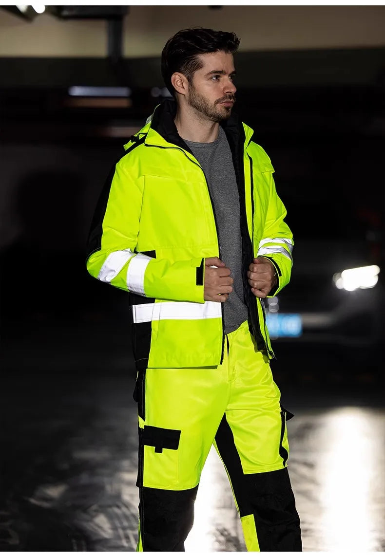 Trajes de trabajo de alta visibilidad amarillos para el invierno, conjunto de chaqueta impermeable de alta visibilidad 3 en 1 con forro y pantalones de trabajo para hombre