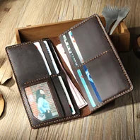 Cartera de lujo hecha a mano de cuero genuino Crazy Horse para hombre, cartera pequeña de cuero para hombre, monedero corto con clip para billetes, bolsa para dinero, café negro