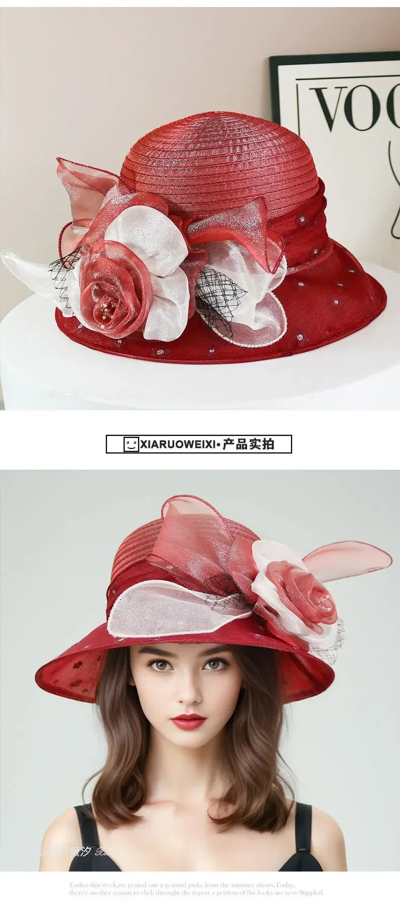 Sombrero de moda para mujer, elegante, de organza, con flor, ala ancha, para el sol, estilo retro, accesorio para fiesta o banquete, plegable para la playa