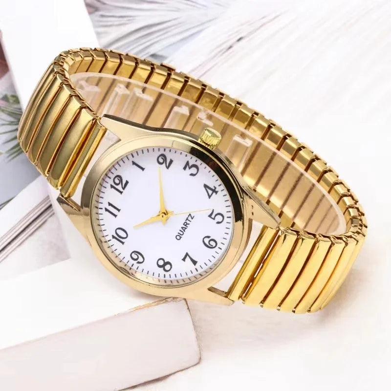 Relojes de pulsera para hombre y mujer, correa de acero inoxidable, aleación, para amantes, movimiento de cuarzo, correa elástica