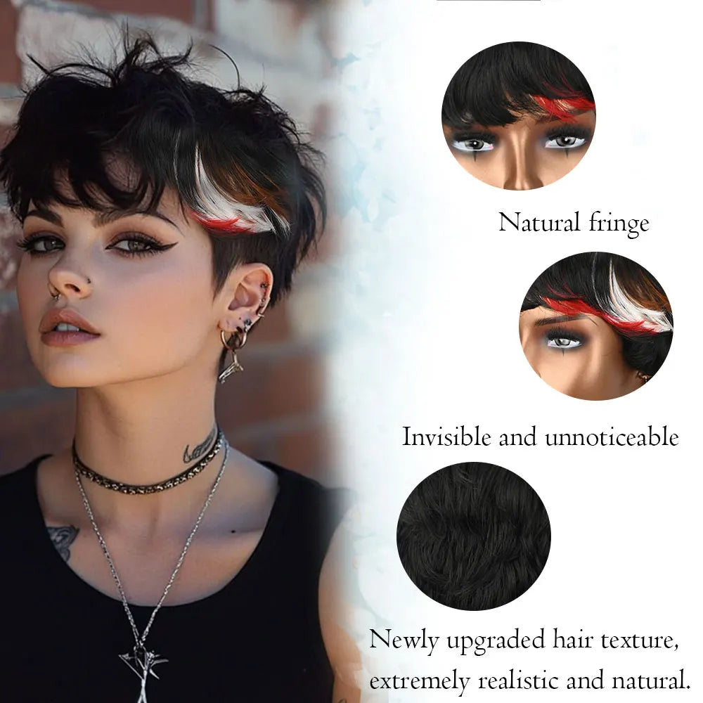 Perruque Pixie courte bouclée avec mèches colorées Perruque synthétique avec frange, perruque ondulée courte noire naturelle