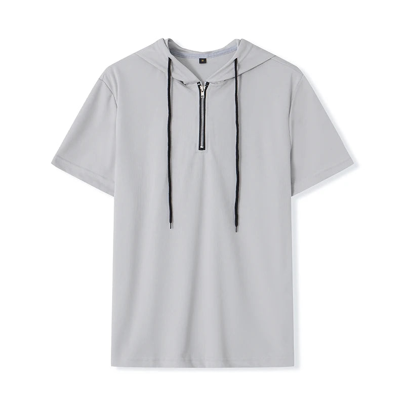 Sudadera con capucha y cremallera de manga corta ligera para hombre, con cordón, color sólido, estilo casual, tipo jersey, para verano