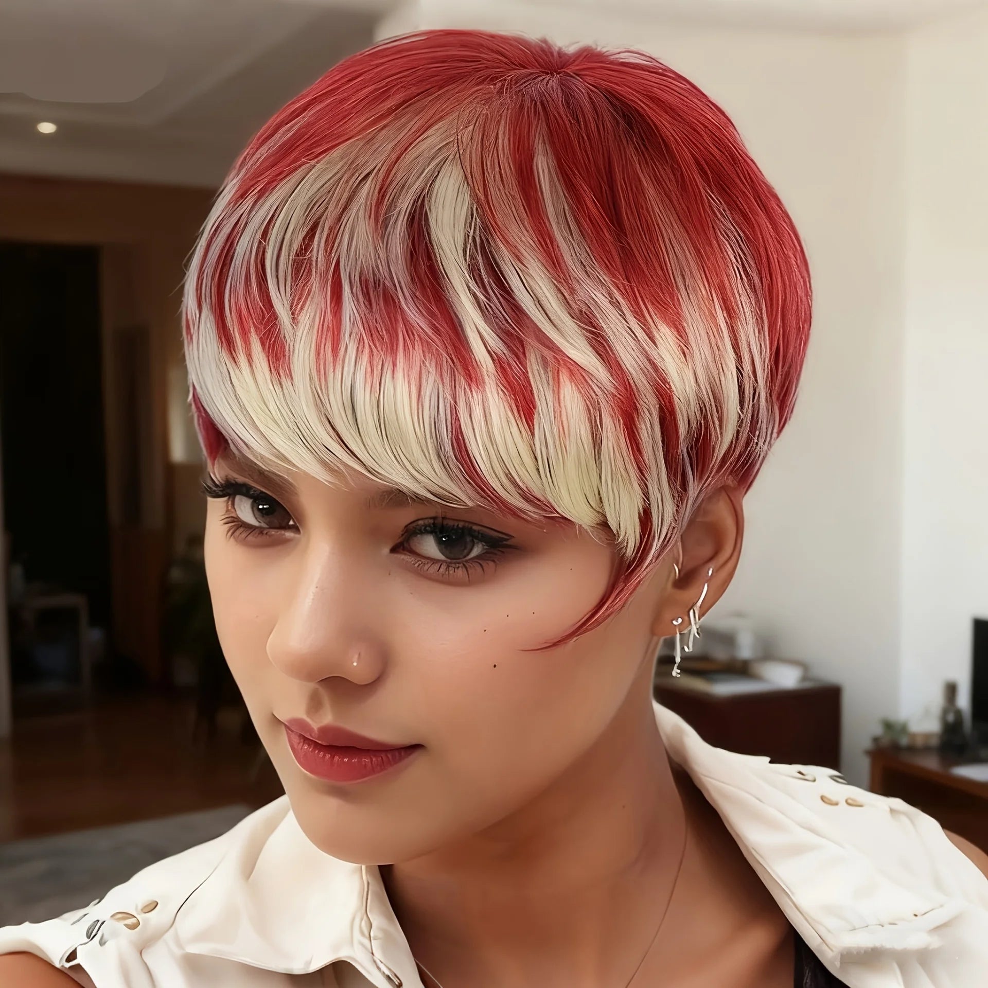 Peluca de corte pixie corto con reflejos burdeos y rubios (99j/613) Pelo liso, red rosa para volumen instantáneo, peluca de uso diario