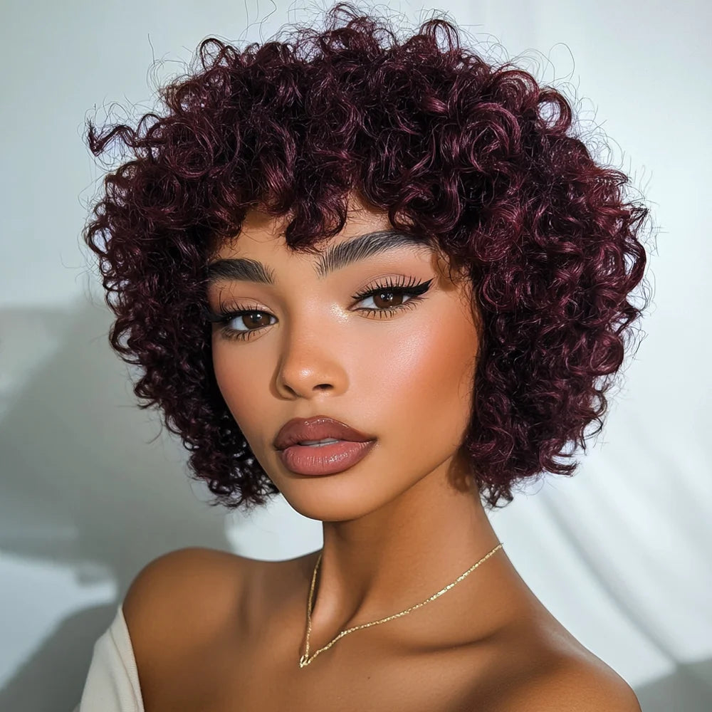 Peluca corta rizada kinky, pelucas de cabello humano, peluca afro rizada con corte pixie y flequillo, peluca brasileña marrón hecha a máquina, color degradado Rebecca