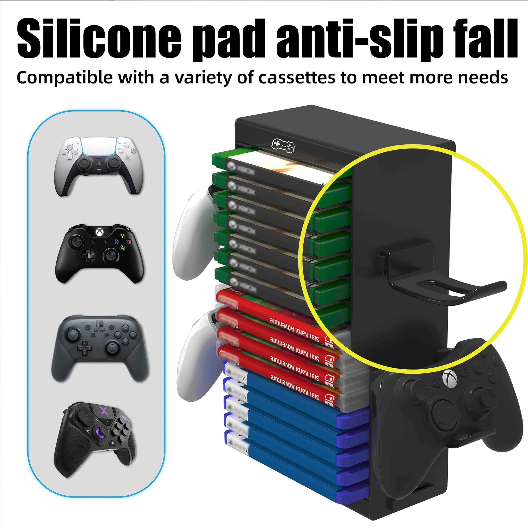 Oppbevaringsstativ for videospill til PS5/PS4/PS3/Xbox-serien S og X/Xbox One-spill, med 4 kroker, spillkontrollerholder