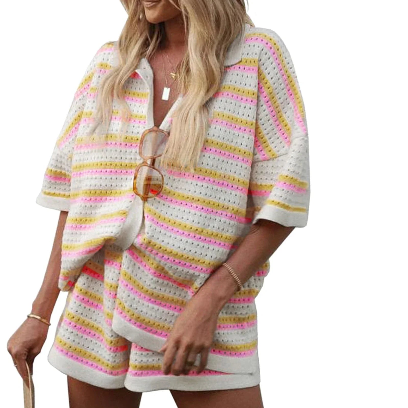 Conjunto de Pijama de Mujer de 2 Piezas Trajes de Salón Verano Rayas Contraste de Color Botón Tops de Punto de Ganchillo y Pantalones Cortos Conjuntos de Salón Playa