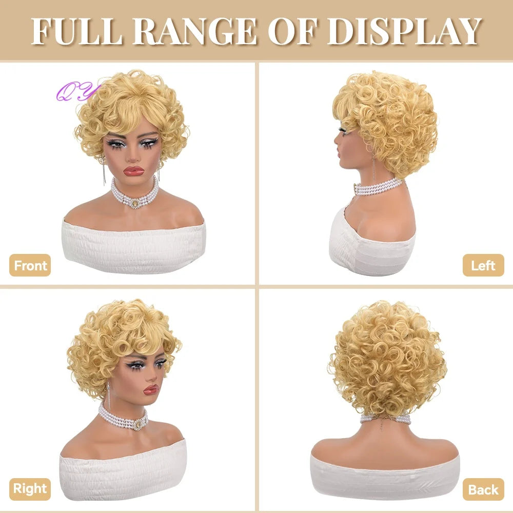 Synthetic women's gold wig with bangs, elegant and naturally curly, adjustable and high-quality fluffy wig for daily or holiday