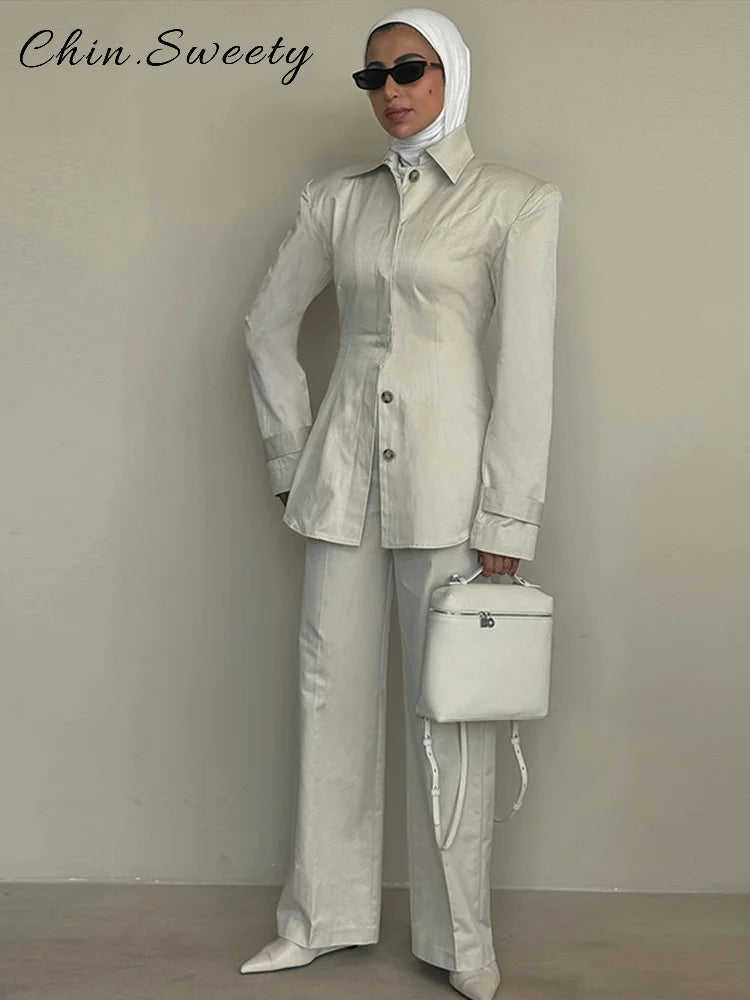 Chic Single Breasted Pants Sets Women Lapel Full Sleeve Slim Waist Tops Straight Pants Autumn Lady Street Commute Suits
