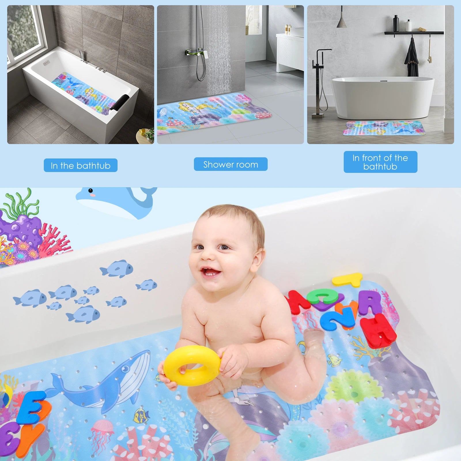 Large Cartoon Bath Mat Baby Kids Cute Sea World Anti-Slip Shower Bathtub Mats With Sucker Soft Massage Pad
