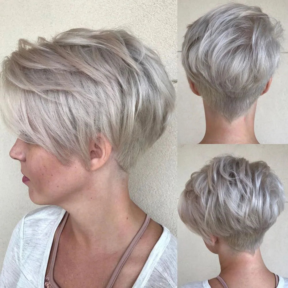 Pixie Cut Human Hair Wig Short Grey Layered Pixie Cut Curly Wigs With Bangs Natural Brazilian Human Hair Full Machine Made Wig
