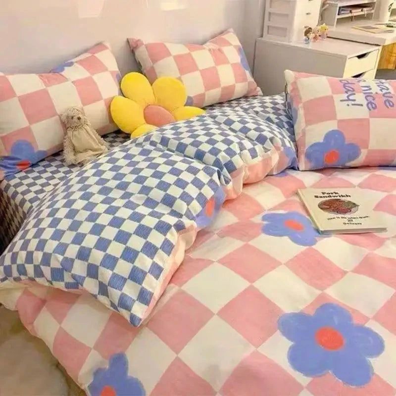 Juego de ropa de cama Kawaii para niños y adultos, sábana encimera, funda de edredón, funda de almohada, tamaño individual, doble, completo, ropa de cama floral de cerezo, textil para el hogar