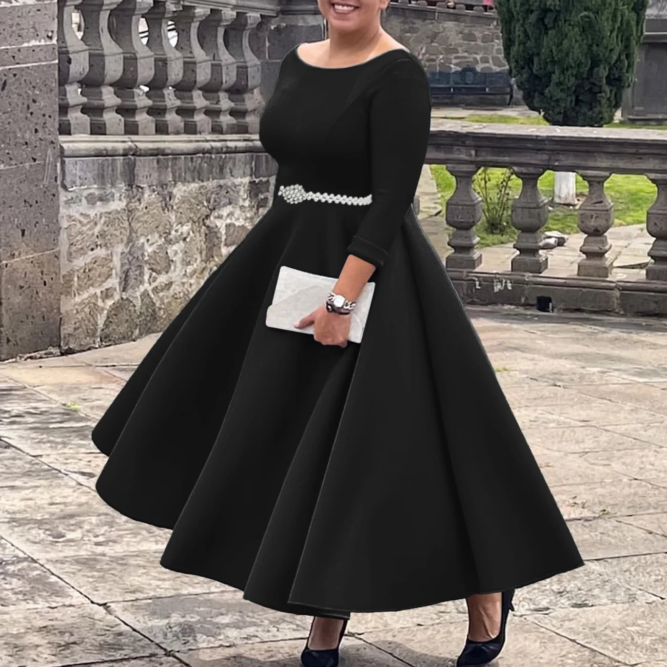 Vestidos de lujo para mujer, cuello redondo, manga larga, con cinturón en la cintura, cintura alta, plisados, línea A, hasta el tobillo, elegantes vestidos de cumpleaños para mujer