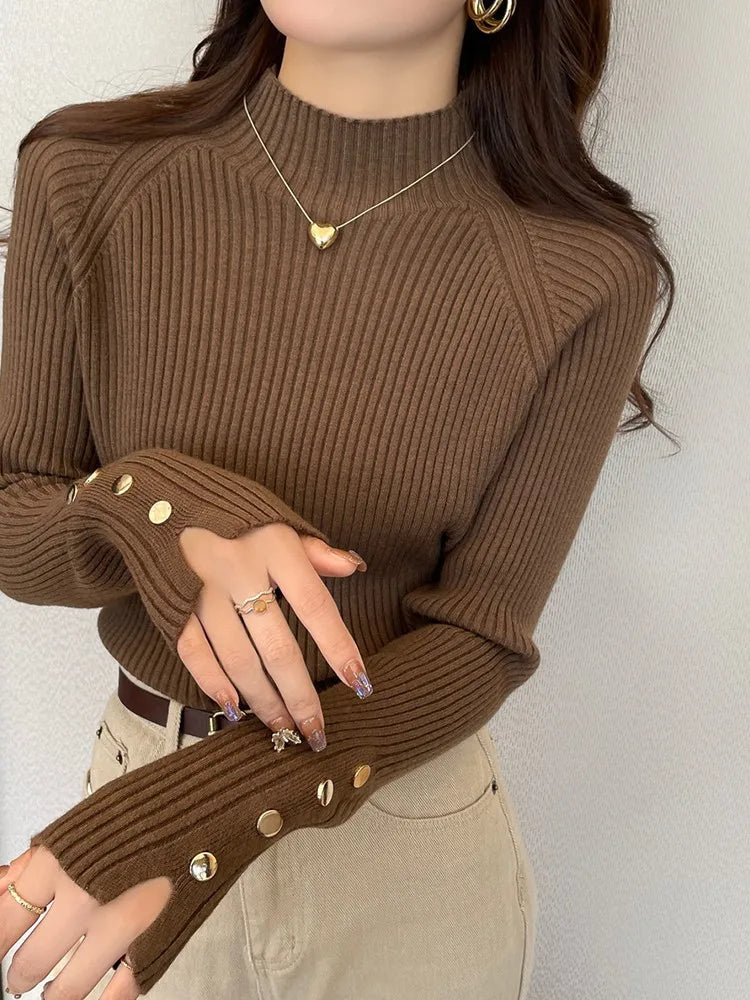 Suéter de otoño invierno para mujer, jerséis, tops de manga larga, ropa, suéter suave de punto delgado, ropa de calle, suéter de cuello alto con botones
