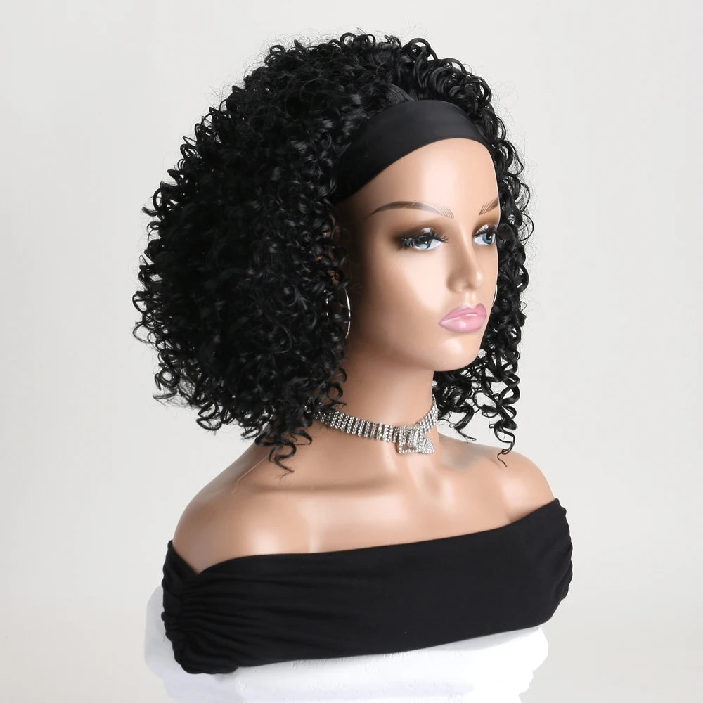 Peluca rizada Kinky negra corta y lisa con diadema sintética natural para mujeres negras, uso diario en fiestas, cabello falso resistente al calor
