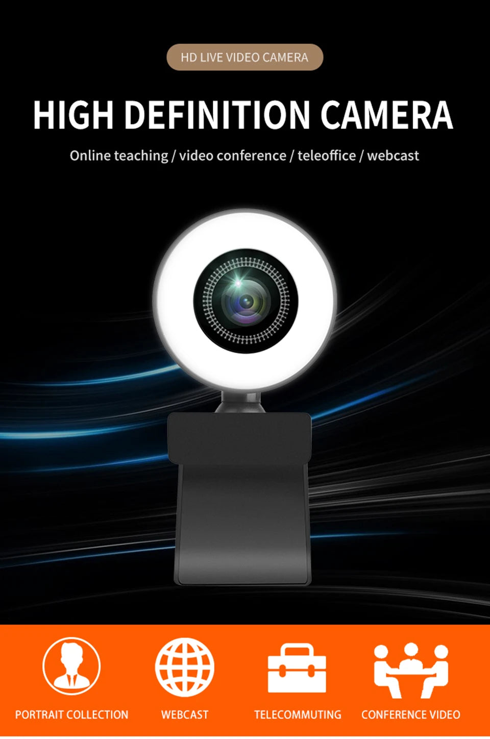 Webkamera 1080P Minikamera Full HD Webkamera Med Ringfyllingslys Mikrofon USB Direktesending For Youtube PC Bærbar PC Videoopptak