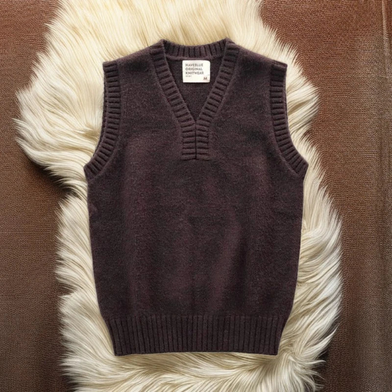 Men's Knitted Vest Solid Color Waistcoat V Neck Vintage Slim Fit Sweaters Male Elegant Sleeveless New in Clothing Deals Top