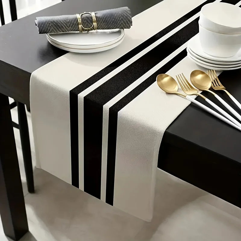 1pc Camino de Mesa Rayado Estilo Moderno Simple, Caminos de Mesa Impresos en Blanco y Negro, Lujoso Mantel de Lino