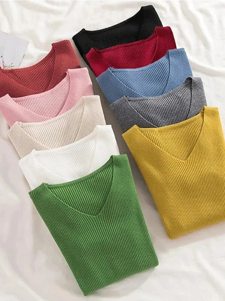New Women Sweater Autumn Winter Long Sleeve Pullover Basic Top Fashion V-neck Elastic Female Winter Solid Knitted Jumper