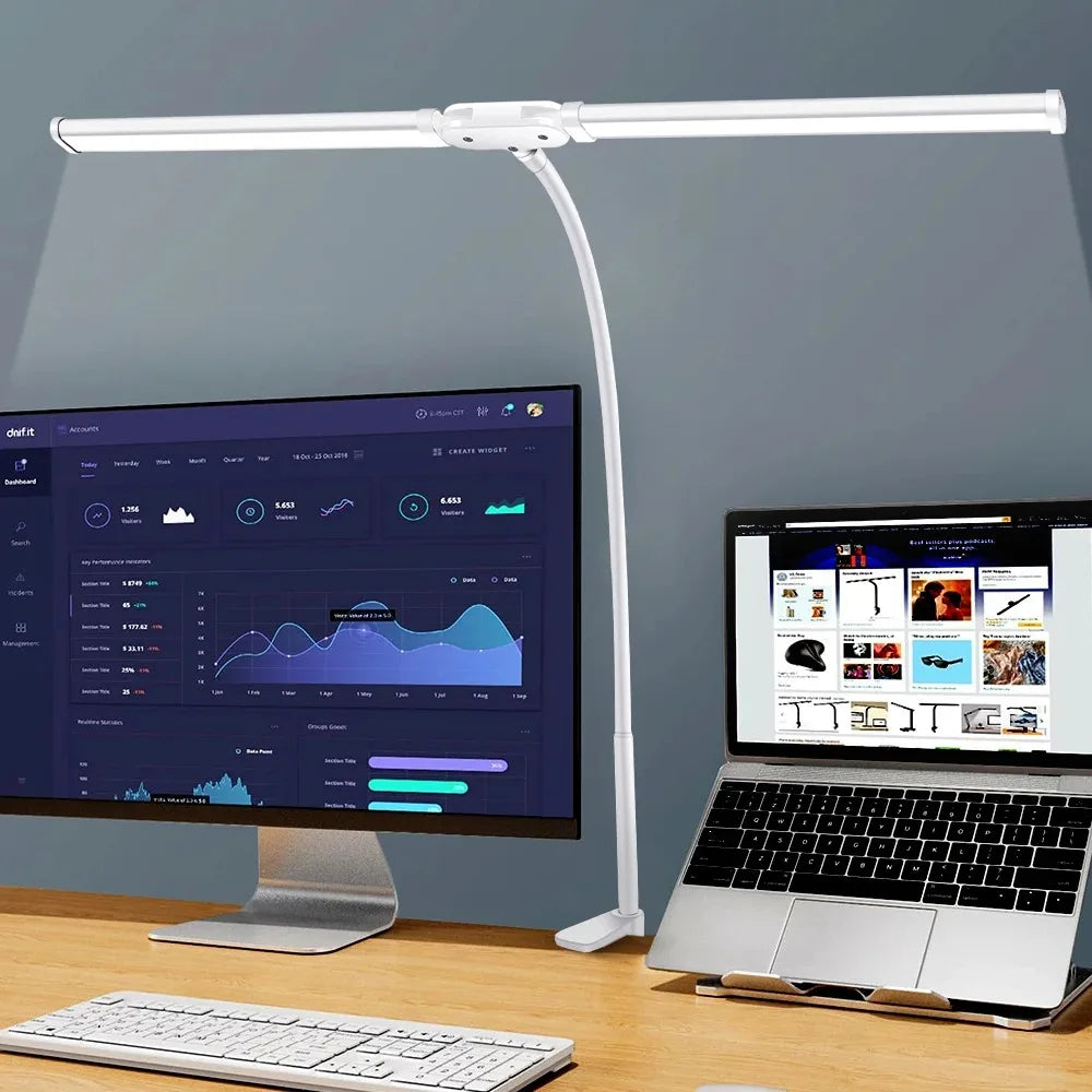 Lámpara de Escritorio LED de Uno o Dos Cabezales con Atenuación Continua, 3 Colores, Cuidado Ocular para el Hogar, Oficina, Luz de Lectura, Lámpara Flexible Ajustable