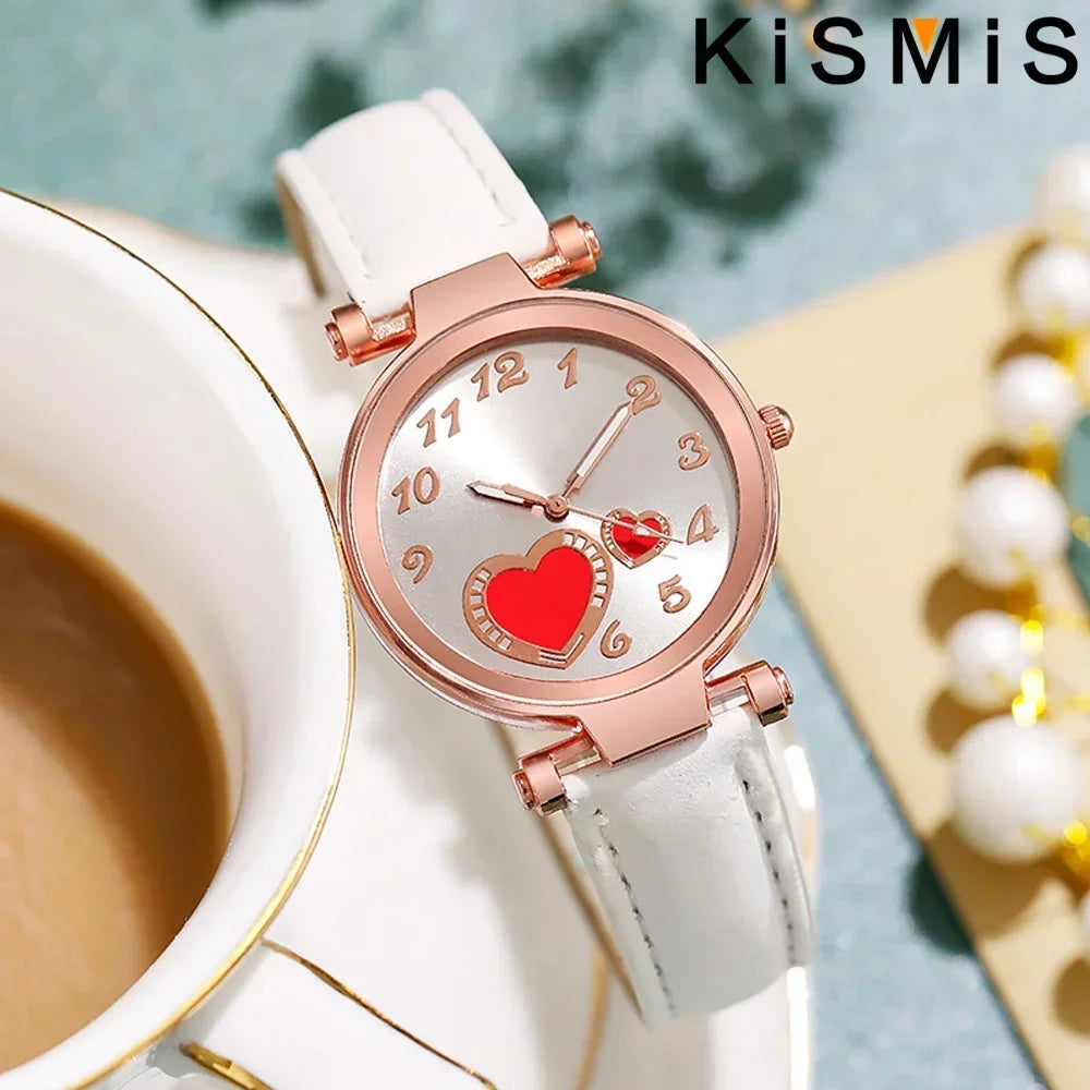Reloj de moda para mujer, reloj de cuarzo con corazón de durazno para mujer, correa de cuero esmerilado, reloj de pulsera para mujer, reloj de vestir informal, regalo para ella