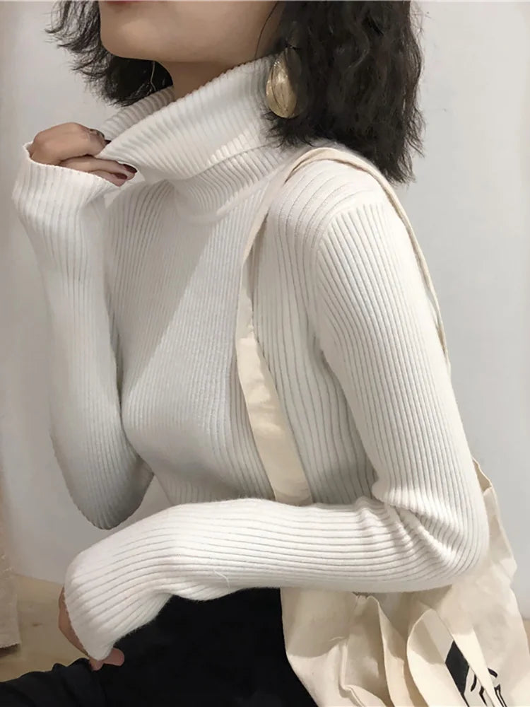 Jersey de cuello alto para mujer, blusa de otoño e invierno, jersey coreano ajustado para mujer, suéter de punto, jersey para mujer, invierno