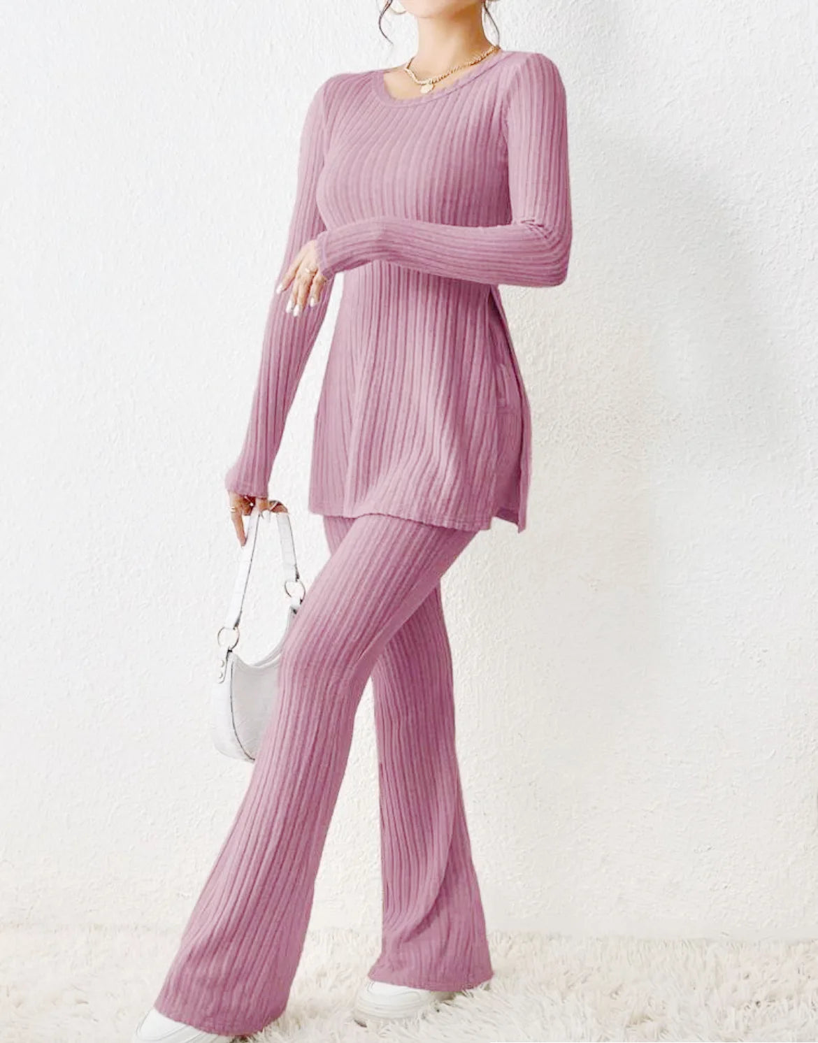 Ropa de Mujer Otoño Invierno Nuevo Estilo Color Sólido Sexy Casual Manga Larga Cuello Redondo Rajado Moda Temperamento Conjunto de Dos Piezas