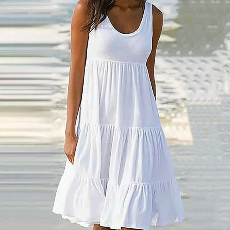 Vestido casual de mujer con cuello redondo, sin mangas, con volantes, minivestido boho liso para playa, vestido suelto oversize, verano 2024