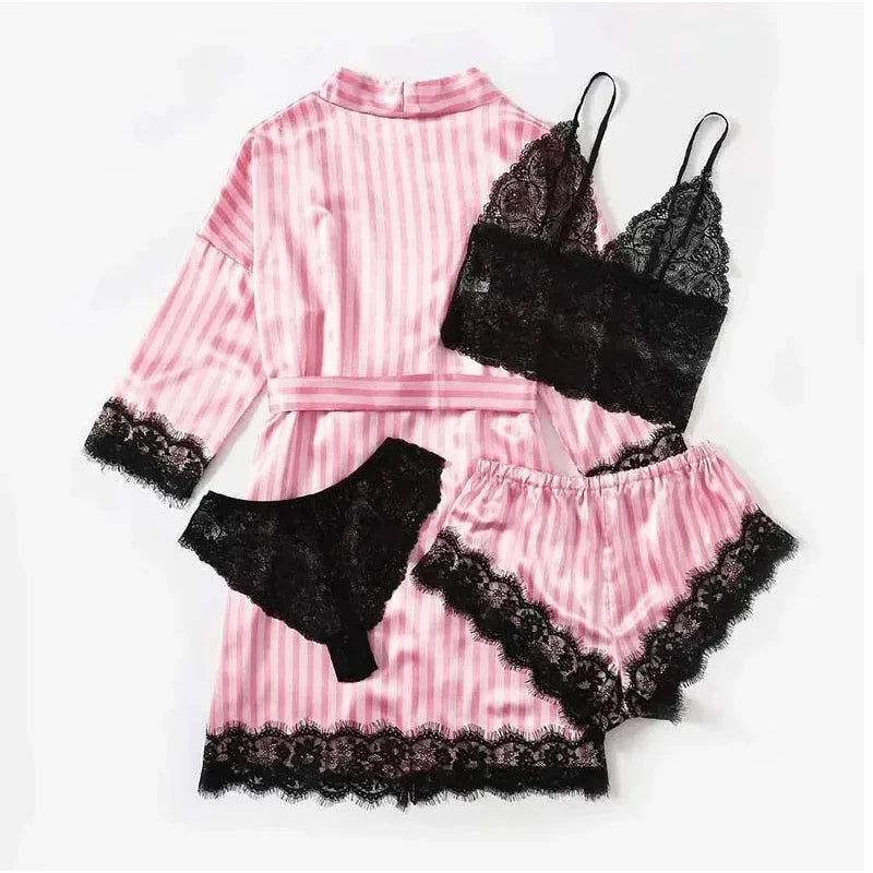 Women Satin Silk Pajamas Set 4 Pcs outfit Sexy Striped Lace Nightwear Sleepwear Ladie Lingеrie Robe Pajama Pants New in Matching