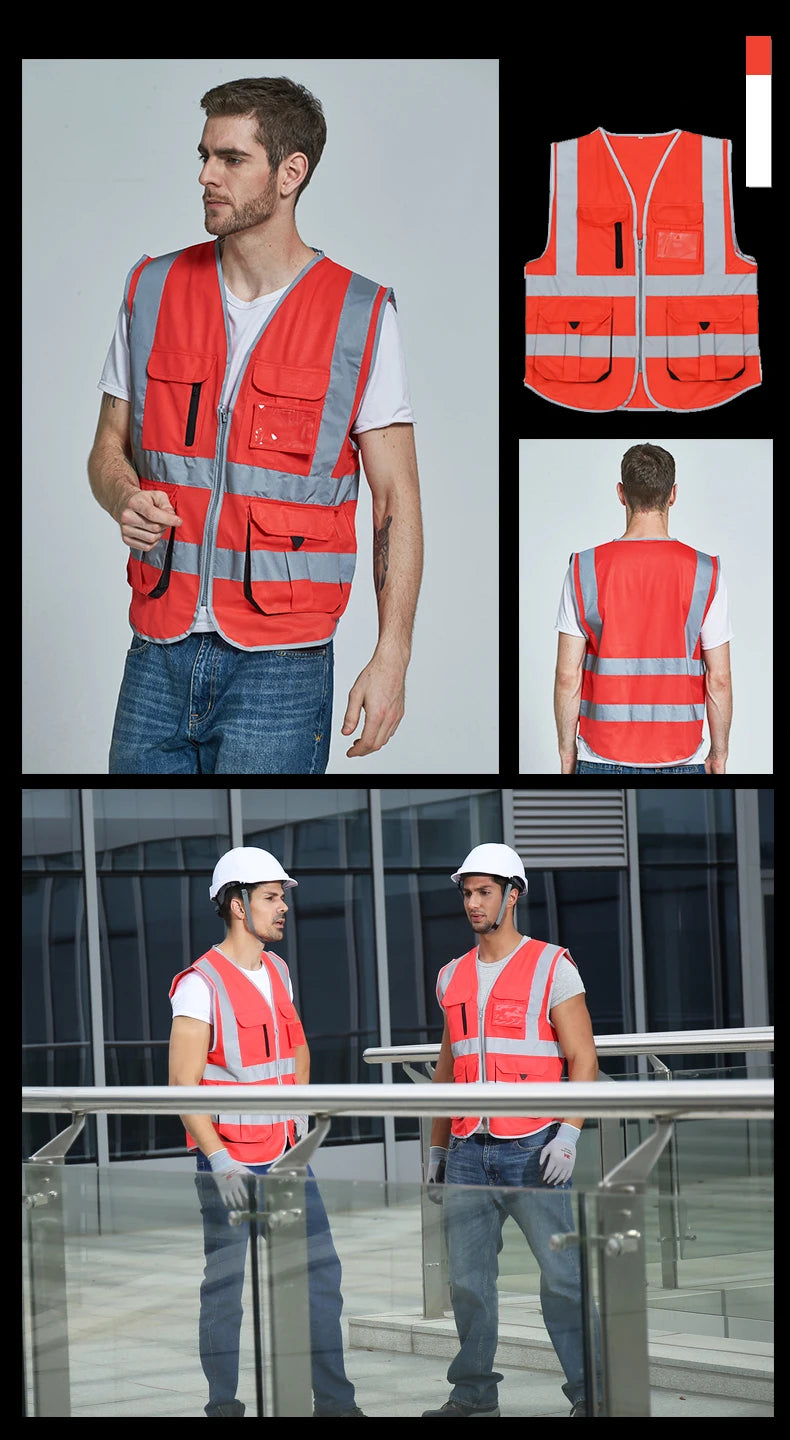 Chaleco Rojo para Hombre Chaleco de Trabajo con Múltiples Bolsillos Ropa de Trabajo de Alta Visibilidad