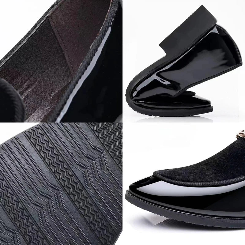 Zapatos de vestir para hombre, de fiesta, negros de lujo, de cuero formal, sin cordones, de charol, de negocios informales, mocasines, talla grande