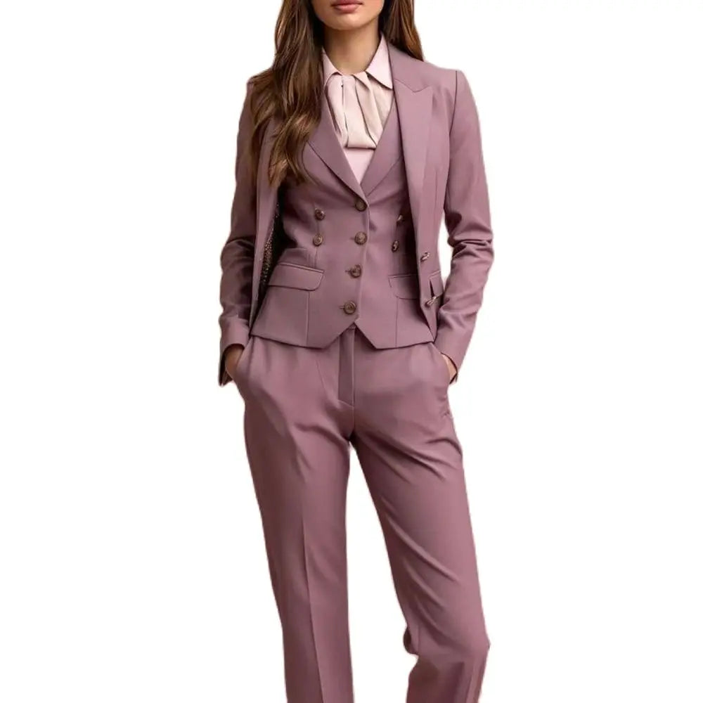 Elegante damebukser, 3-delt jakke, vest, enkeltspent, spisskrage, slim fit, mote, kontordame, yttertøy