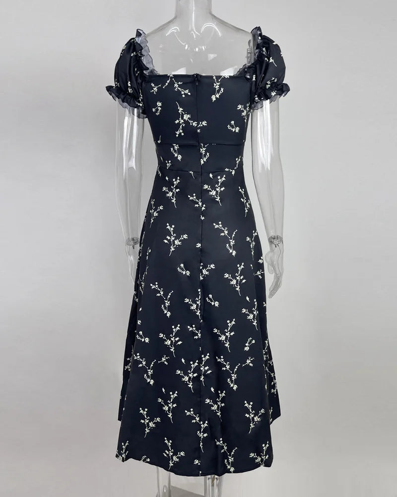 Vestido maxi floral de verano para mujer con hombros descubiertos, mangas abullonadas, bata sexy con cordones laterales, abertura y estilo chic a media pantorrilla QT044