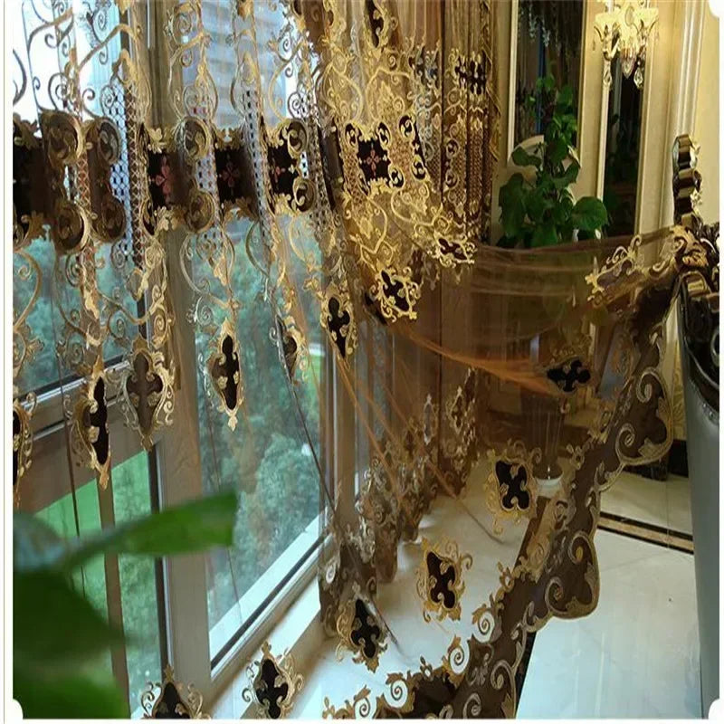 Cortinas de chenilla de terciopelo marrón y dorado
