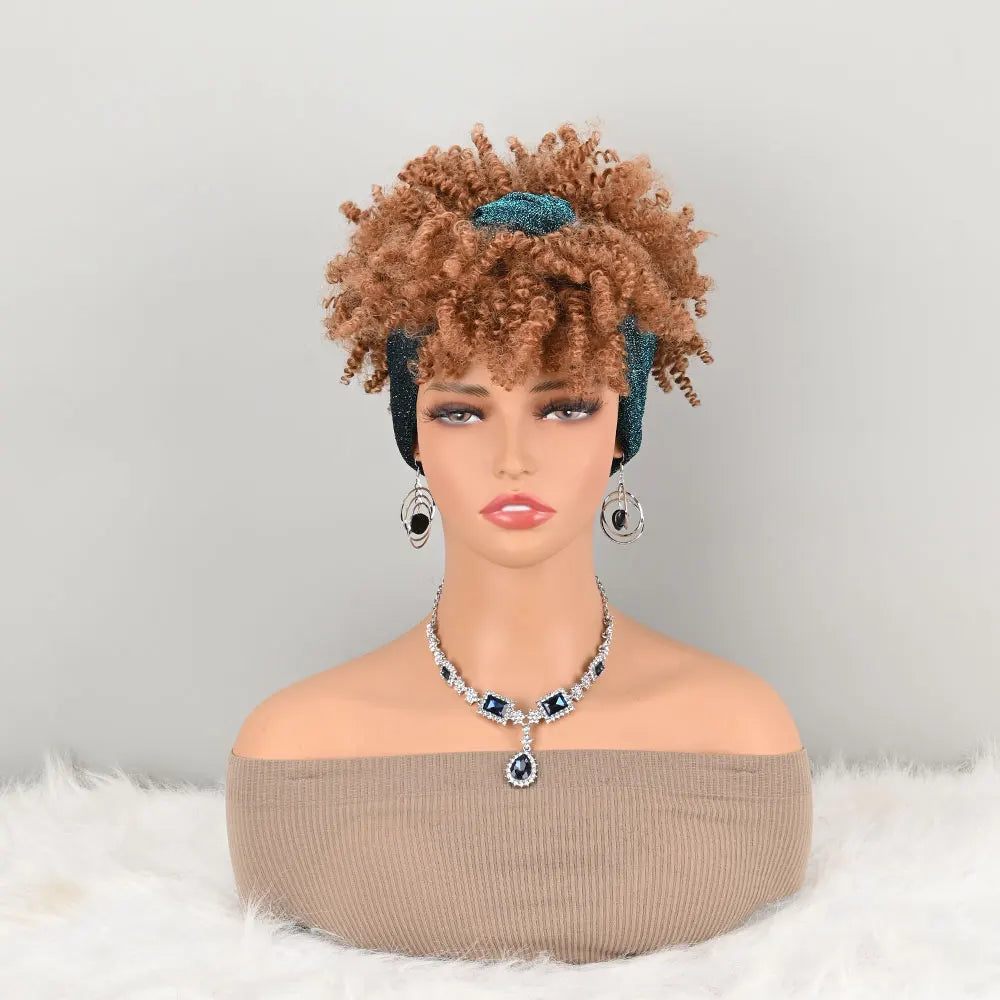 Headband Wigs for Black Women Synthetic Short Afro Kinky Curly Wigs Brown Wig with Bangs Wrap 2 in 1 Turban Wig