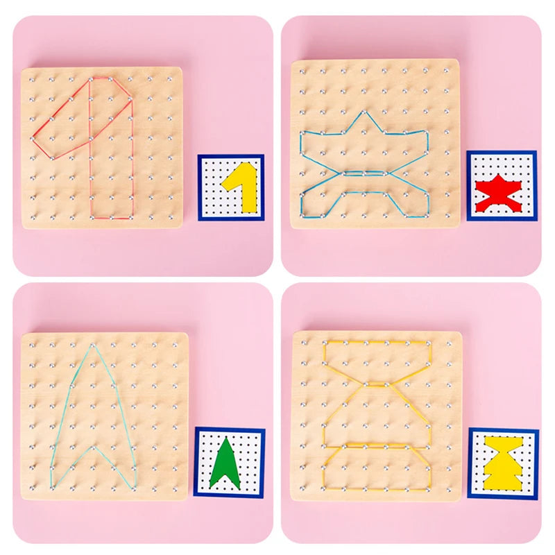 Juego de juguetes de madera Montessori de matemáticas para niños, figuras geométricas, banda elástica, tabla de clavos, juguete educativo creativo, regalo de Navidad ideal