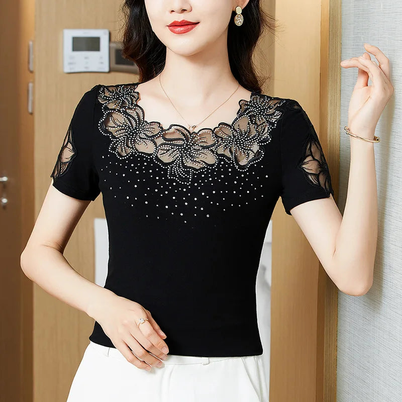 Summer Lace Hollow T-Shirt – Slim & Elegant