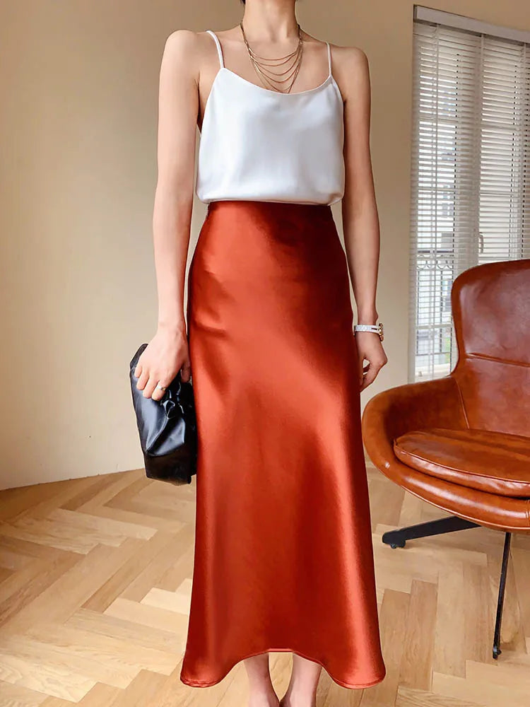 Faldas de satén de seda para mujer estilo coreano color champán para oficina, cintura alta, falda acampanada, moda elegante, falda lápiz larga sólida 2025