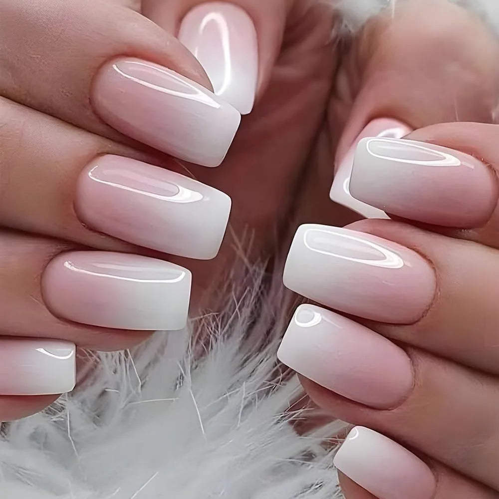 Uñas postizas francesas de cabeza cuadrada, impermeables, manicura usable, color nude degradado, uñas a presión, cubierta completa, puntas de uñas brillantes para mujer