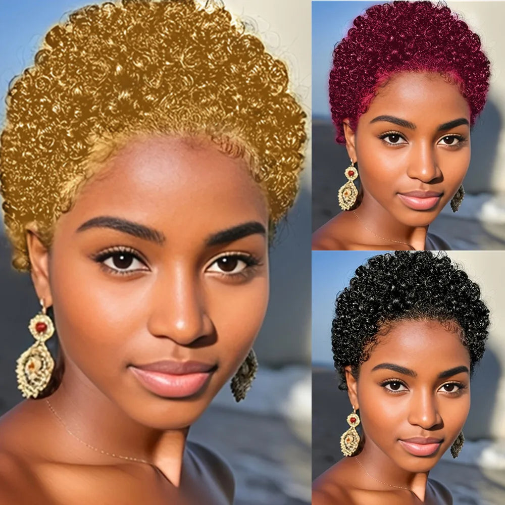 pixie cut wig short human hair wig afro curly machine made pixie wig black color for women daily party use wig