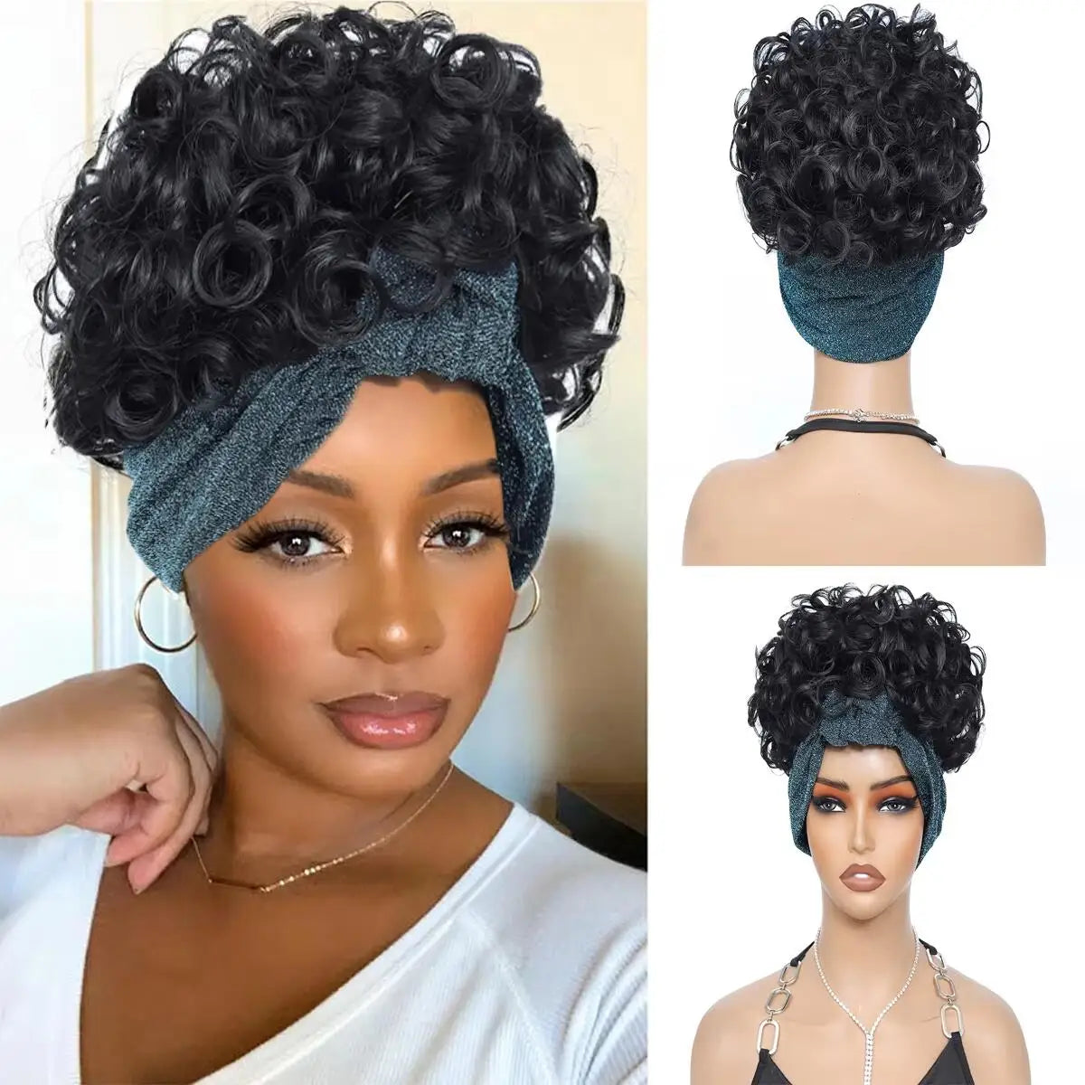 women's curly wig, made with African short ribbons and curly ribbons, black synthetic wig without curly bangs