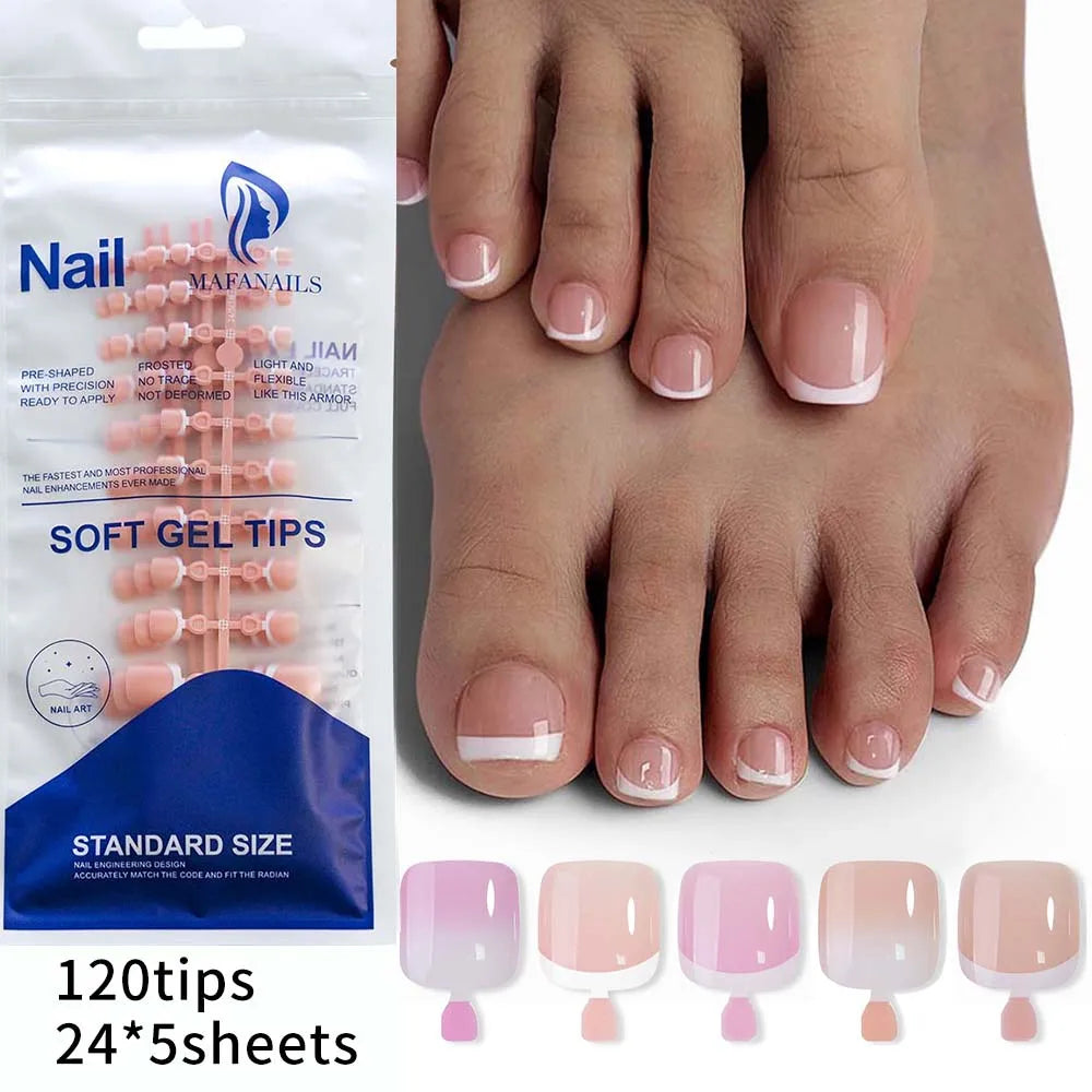 Lot de 120 faux ongles français à pression pour pieds, effet dégradé, blanc, rose, nude, courts et carrés, à faire soi-même, couverture complète