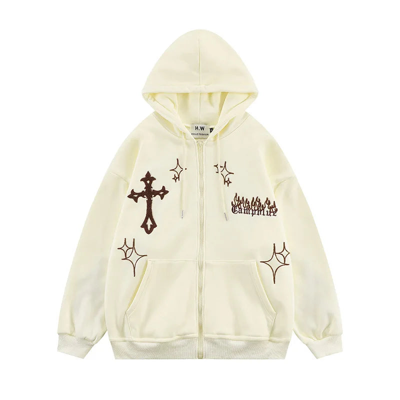 Hooded Sweatshirt Men's Women's Cross Embroidery Couple Trend Street Loose Hoodies for Men Clothing Youth Autumn Spring