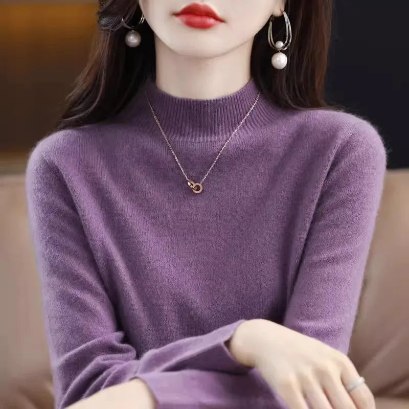 Suéter de mujer otoño invierno, camisas base cálidas casuales, cuello simulado, tejido básico, jerséis de manga larga, moda coreana