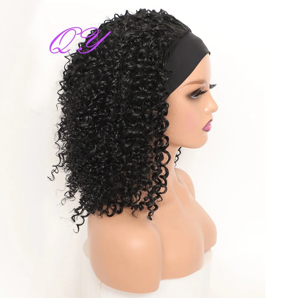 Synthetic Headband Wig Afro Kinky Curly Natural Black Color Turban Wig For Women Daily Or Party Use