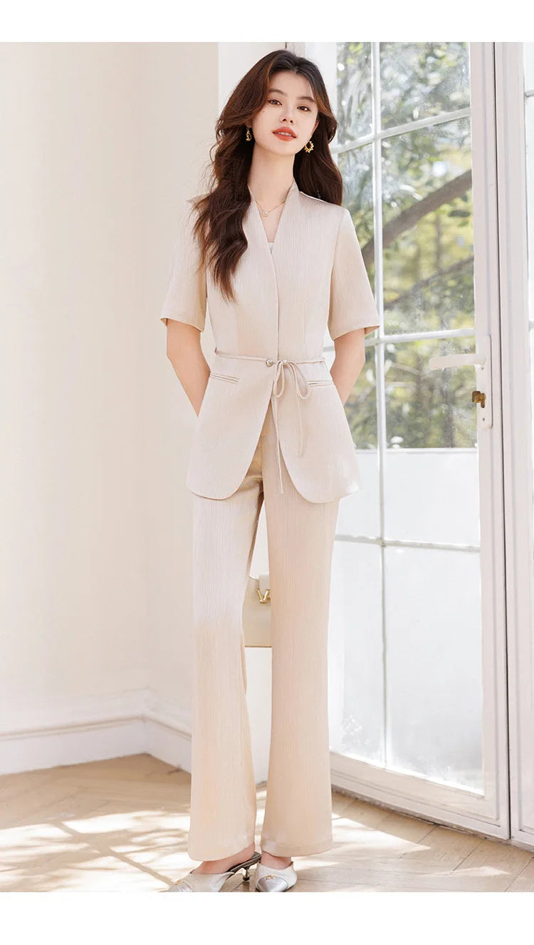 Damebuksedress med belte Sommer Kortermet V-hals Blazer og bukser Sett Elegant Kontorarbeidstøy Lilla Mote 2025